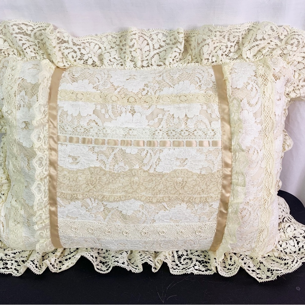 Vintage Crochet Lace Decorative Pillow Ribbon Accents